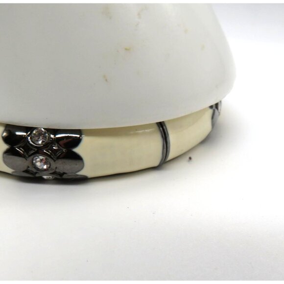 Enamel Bracelet Cream Gun Metal Gray Hinged Bangle Clear Rhinestone Accents - Picture 12 of 12